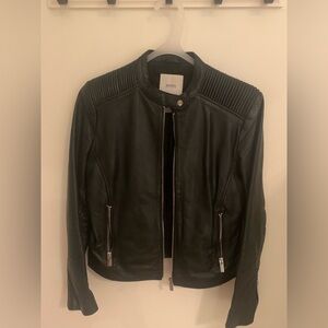 Mango Black Quilted-Shoulder genuine Leather Zip Jacket